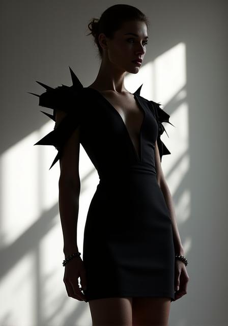 Short sculptural cocktail dress with dramatic sleeves